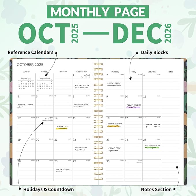 GNL 2026 Planner, Weekly and Monthly Planner January - December 2026, 6.4" x 8.3" Monthly Agenda Planner with Waterproof Flexible Cover, Spiral Binding Notebook with Tab, Pockets, Bookmark, Flower