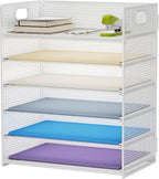 Marbrasse 6 Tier Paper Organizer Letter Tray - Mesh Desk File Organizer with Handle, Paper Sorter for Letter/A4 Office File Folder Holder - White
