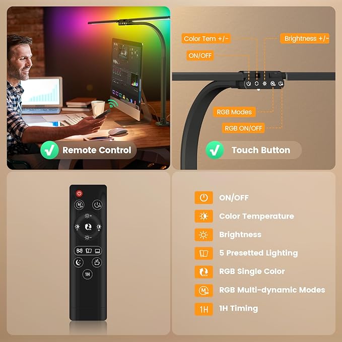 SIBRILLE Upgraded LED Desk Lamp for Home Office with RGB, Rotatable Computer Desk Light with Remote, Tall Table Lamp with Clamp for Working, Dimmable Dual Head Task Lighting for Monitor PC, 22W