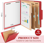12 Pcs Classification Folders Letter Size 3 Pocket Dividers Employee File Folder with 2 Prongs Fasteners, 2 in Expansion Heavy Duty Pressboard File Holder for School Office Medical Document(Red)