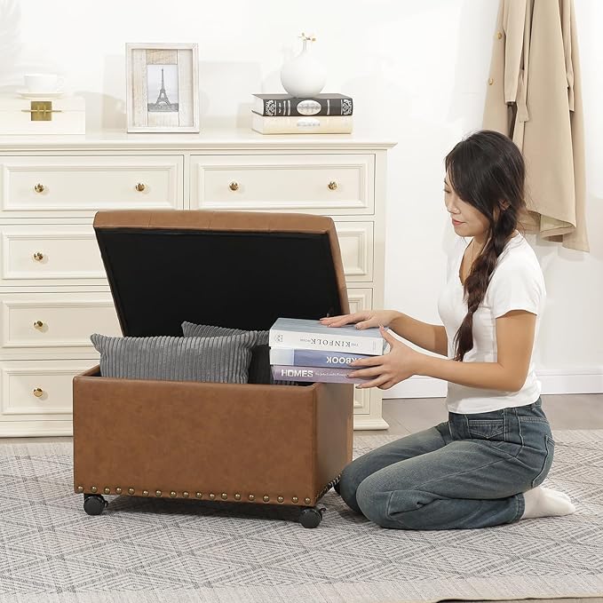 Decent Home 24" Leather Storage Ottoman with Steerable Rolling Wheels, Rectangle Foot Rest Ottoman with Storage for Living Room Bedroom, Vintage Golden Brown