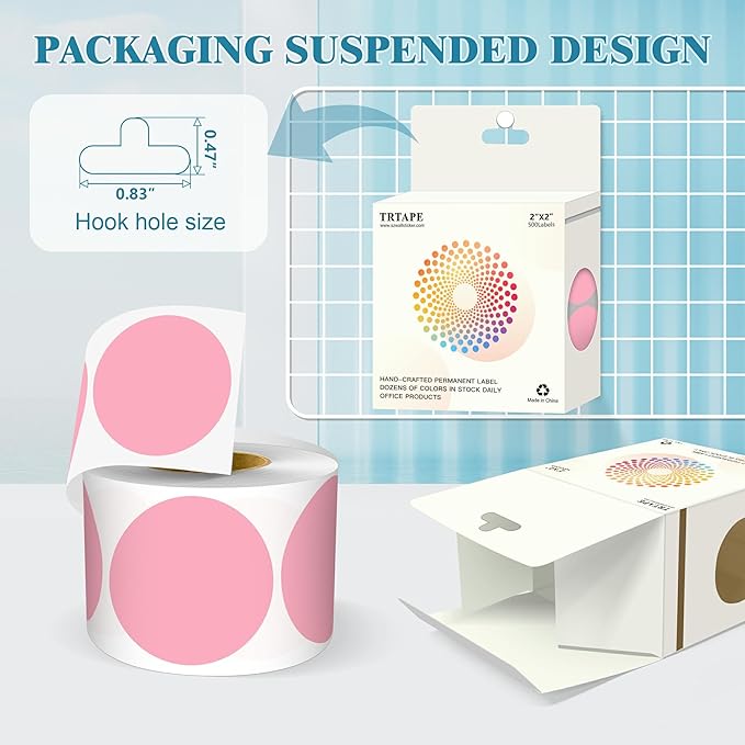 2 Inch Round Color Coding Labels (500 Count) - Pink Dot Stickers Circle Labels with Dispenser Box for Warehouse, Filing, Industrial, Office Organization