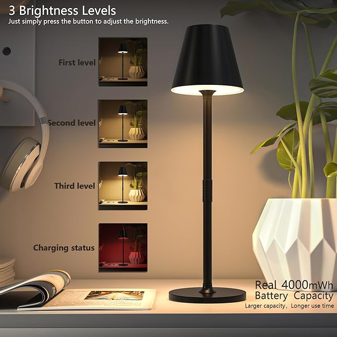 Timjorman 2-Pack Cordless Table Lamps - 5000mAh Rechargeable Battery Operated Desk Lamp, 3-Level Dimmable LED Night Light for Bedroom, Dining, Restaurant - Metal Design (Black 2-Pack)