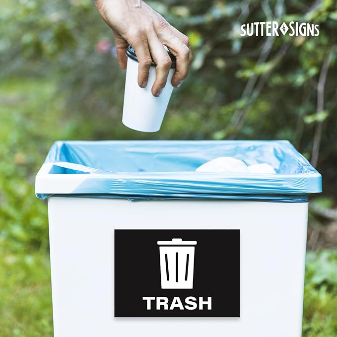 4pc Recycle Stickers + 4pc Trash Stickers | Weatherproof Vinyl Sticker Recycling Signs for Trash Bins, 7" x 10"