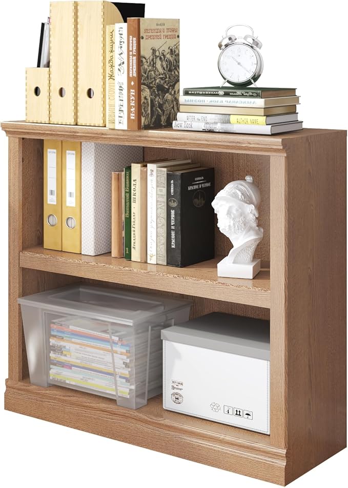 Bevfint Bookcase, 2 Tiers S Bookshelf Open Storage Organization, Floor Standing Indoor Furniture Book Case for Library Office Living Room Bedroom, Salt Oak - 2 Tier