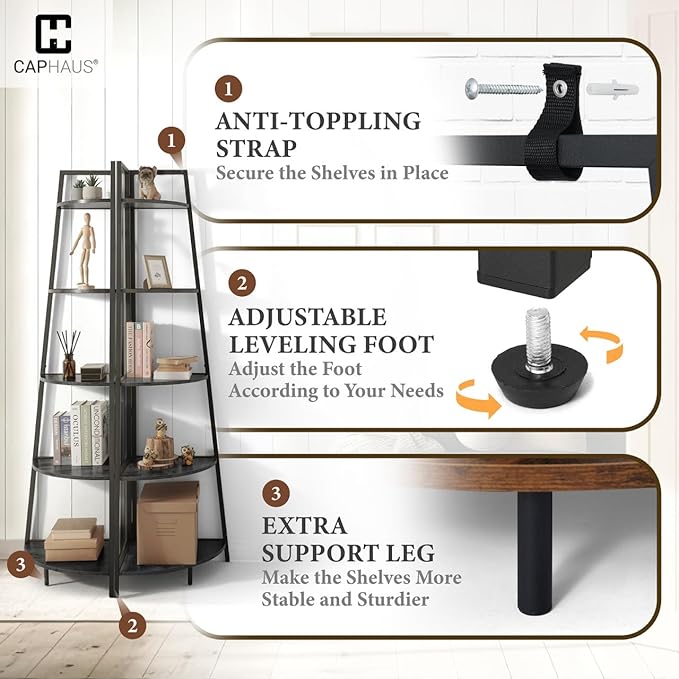 CAPHAUS Tall Corner Shelf Stand, 6-Tier Display Shelves, Ladder Corner Wood Storage Plant Bookshelf with Metal Frame, Versatile Shelving Unit Bookcase for Home Office Space, Black