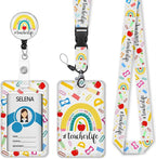 Rainbow Teacher Badge Holder with Retractable Lanyard, Lanyards for ID Badges Name Tags Vertical Card Holder, Breakaway Lanyard Badge Reel Retractable, Teacher Nurse Workers Women Office Gifts