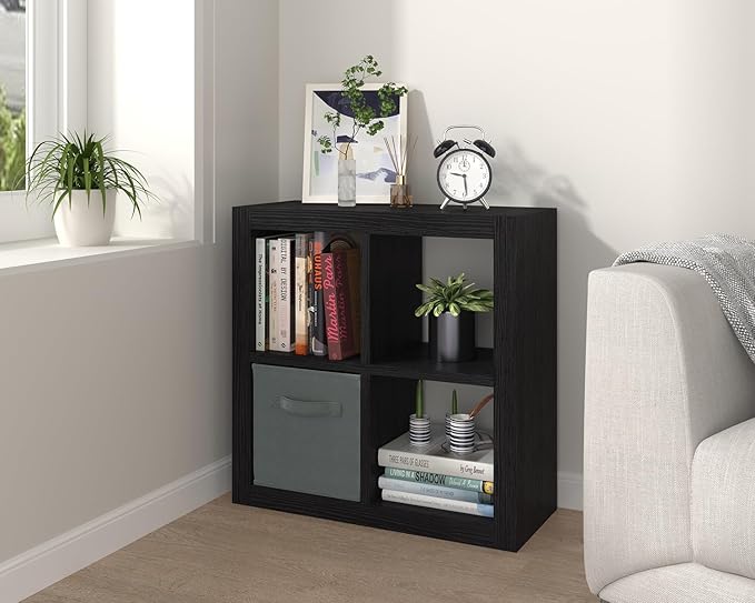 furtble Bookshelf with Storage Bin, 4-Cube Storage Organizer, Modern Wood Open Bookcase, Multifunctional Display Shelf for Living Room, Bedroom, Home Office, Black