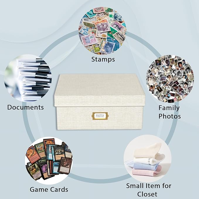 Decorative Photo Storage Box - 2 Pack Linen Photo Box Organizer with Dividers, Fits Holds Up to 1700 Pictures and 4x6 Photos, Memory Keepsake Organizer for Scrapbook Supplies, Cards, Stamps (Beige)