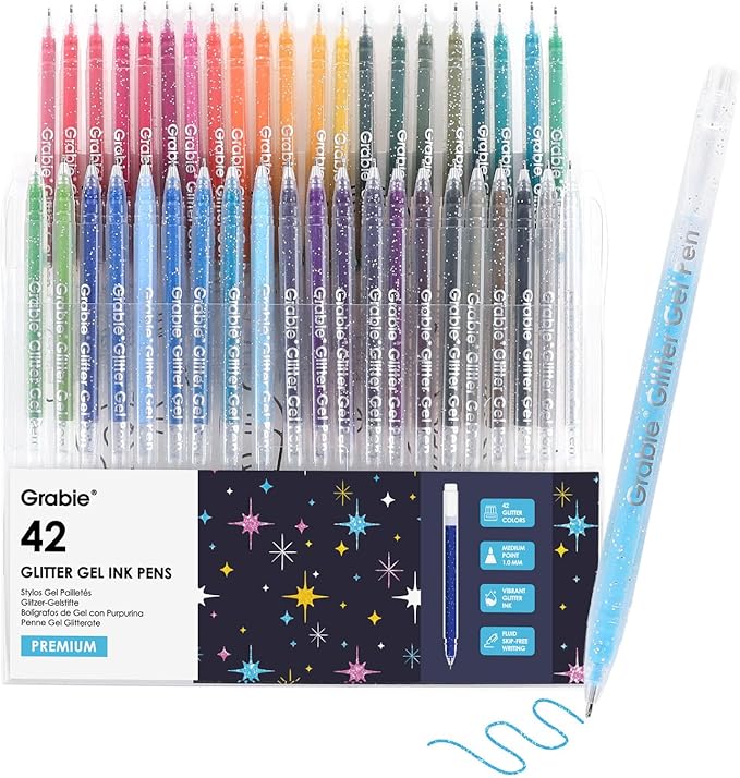 Grabie 42 Capped Glitter Gel Pen Set, 18 Iridescent&24 Essential Color Pens, Smooth Rollerball Tip, Metallic Sparkly Gel Pens for Coloring, Set of 42 Gel Pens Colored