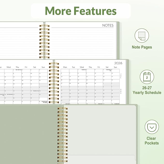 SUNEE 2026-2027 Planner - 24 Months (Jan 2026 - Dec 2027) - 7"x10" Monthly Spreads & Yearly Planner, Sage Green