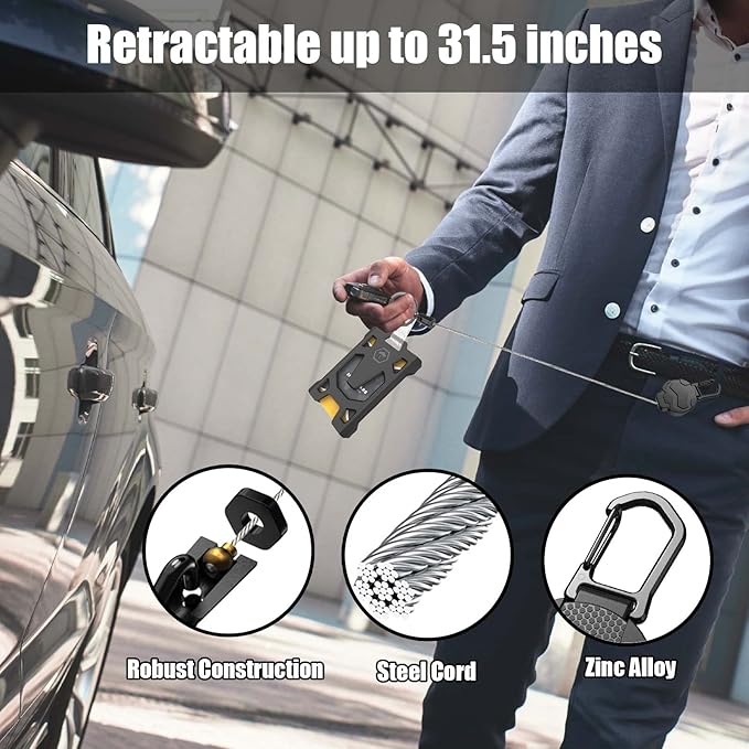 Retractable Keychain Badge Holder with Belt Clip,OR Heavy Duty Carabiner ID Badge Clip Reel, 31.5” Steel Retractable Cord, 10 oz Rebound，Black-1 Pack (with 1 Badge Holder)
