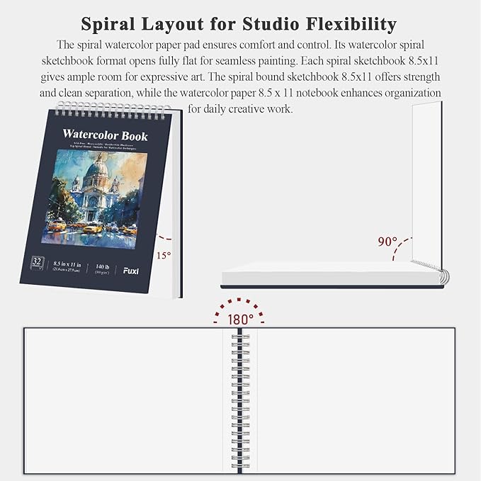 Fuxi Watercolor Notebook 8.5" x 11", 140 lb Cold Press Watercolor Paper, 32 Sheets (64 Pages) Water Color Paper Pad, Art Supplies for Adults Painting, Gouache & Ink.