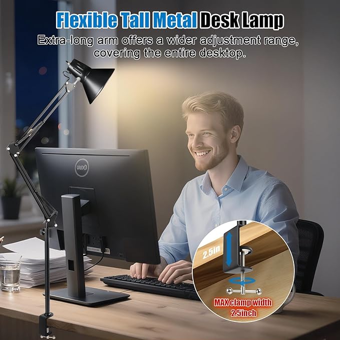 DXOVEEN LED Clamp on Desk Lamp,360°Adjustable Swing Arm Desk Lamp,Clamp Light with Eye-Caring LED Bulb for Home Office Reading Drafting