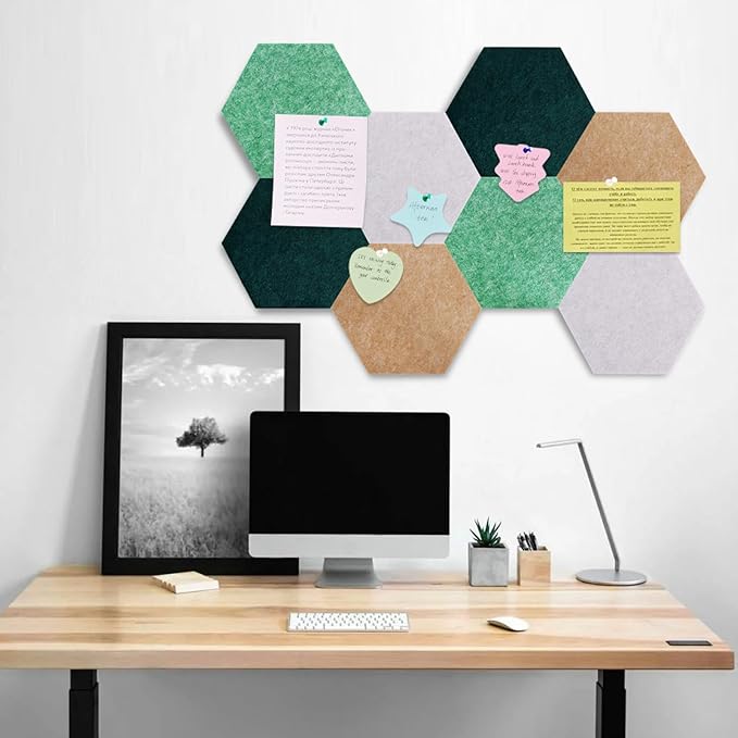 Vuzvuv 8 Pcs Hexagon Bulletin Board with 50 Pushpins & 10 Wooden Clip Pins Adhesive Cork Board for Wall，Felt Pin Board for School，Office Decor（Green Brown）