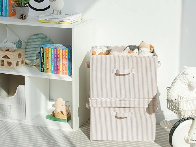 StorageWorks Fabric Storage Bins with Lid, Decorative Storage Boxes for Shelves, Stackable Closet Organizer Basket with Handles, Jumbo, Gray and White Stripes, 2-Pack