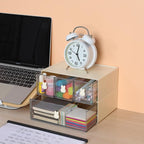 OSteed Desktop Drawers, Desk Organizer with 3 Drawers & Bunny Handles, Stackable Plastic Storage Box for Home Collection, Cosmetics, Office Supplies (1 Tall Layer, Cream & Clear)