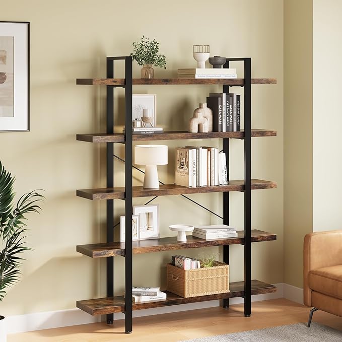 FURSUN Heavy Duty 5 Tier Bookcase, 70-in Tall Industrial Modern Large Bookshelf, Wood Farmhouse Bookcases Book Shelves and Metal Frame for Office, Bedroom, Living Room, Brown