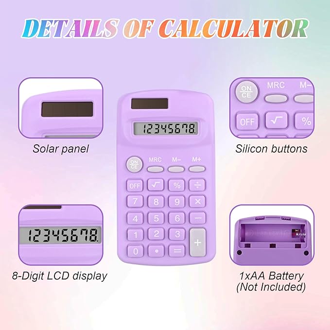 Tellegloww 18 Pcs Pocket Size Basic Calculators Bulk for Classroom Solar Battery Dual Power Display Calculator 8 Digit Colored Basic Calculator for Kids Student School Office