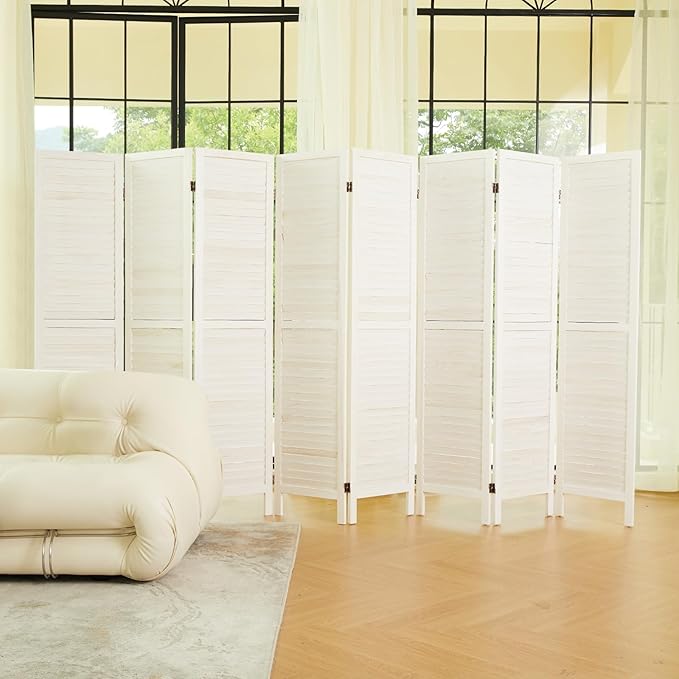 White Room Divider, Temporary Wall with Double Hinges, 5.6 Ft Tall Folding Louver Wood Screen for Home Office Bedroom Hotel Decoration (8 Panels)