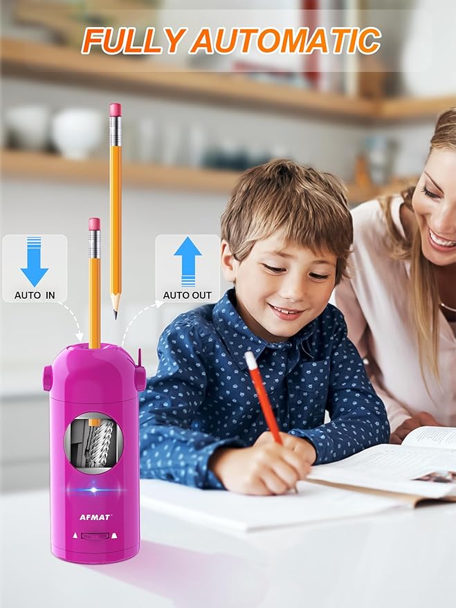 AFMAT Electric Pencil Sharpener, Fully Automatic Pencil Sharpener for Classroom, 7-11.5mm Colored/Jumbo Pencils, Auto in & Out, Rechargeable Hands-Free Sharpener for Home Office PSX5, Pink