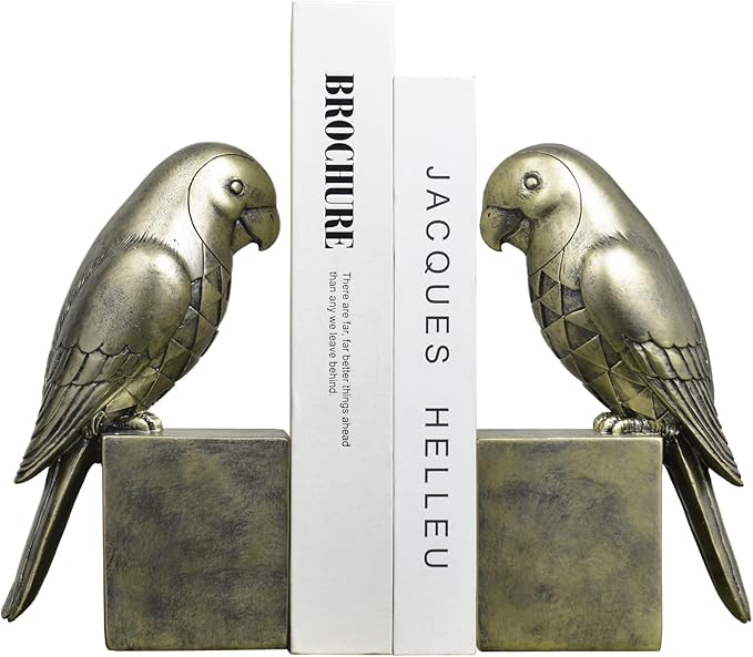 Kakizzy Gold Parrot Book Ends for Shelves,Vintage Bird Decorative Bookends,Resin Book Stopper for Books,Parrot Statue Gifts for Woman Home Office Bookshelf Decor,Unique Book Lover Gift