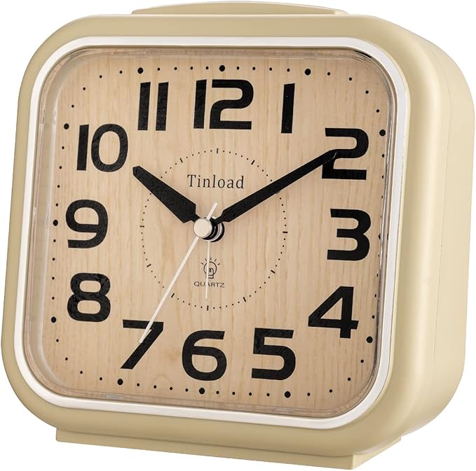 Tinload 5.5" Large Analog Alarm Clock Silent Non Ticking, Gentle Wake, Beep Sounds, Increasing Volume, Battery Operated Snooze and Manual Light, Easy Set, Cream