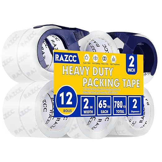 RAZCC Clear Packing Tape, 12 Rolls Heavy Duty Packaging Tape with Dispensers for Packing Shipping Moving and Sealing, Thicker Packing Tape-2" x 65 Yards Per Roll, 780 Total Yards