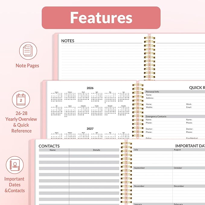 SUNEE 2026 Weekly and Monthly Planner - from January 2026 - December 2026, Daily Agenda Planner with Monthly Tab, Flexible Cover, Note Pages, Pockets, Bookmark, Spiral Binding, Pink, 6.4" x 8.3"