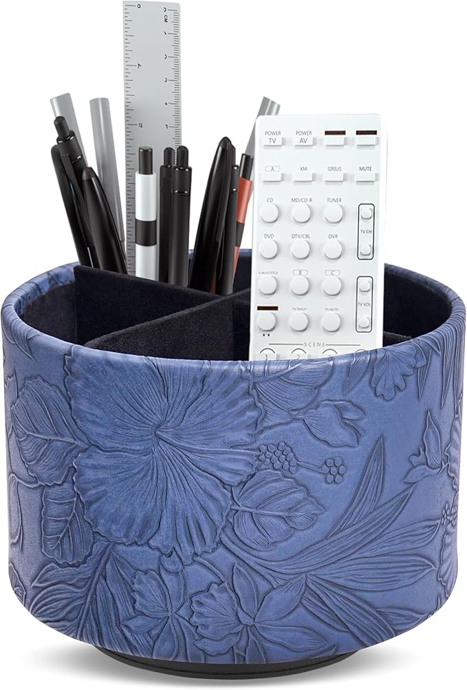 Hennaja Round Leather Art Supply Organizer,Remote Control Holder,360 Degree Spinning,Multi-Functional Pencil Holder,4 Compartments Desktop Stationary Organizer(1-Carved Blue)