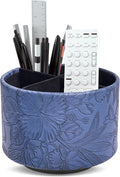 Hennaja Round Leather Art Supply Organizer,Remote Control Holder,360 Degree Spinning,Multi-Functional Pencil Holder,4 Compartments Desktop Stationary Organizer(1-Carved Blue)