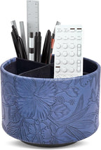 Hennaja Round Leather Art Supply Organizer,Remote Control Holder,360 Degree Spinning,Multi-Functional Pencil Holder,4 Compartments Desktop Stationary Organizer(1-Carved Blue)