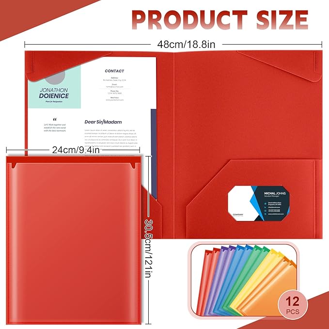 Henoyso 12 Pcs Plastic Folders with Clear Front Pockets Heavy Duty File Folders with 2 Pockets and Card Slot for Student Communication School Office Presentation Report (Colorful)