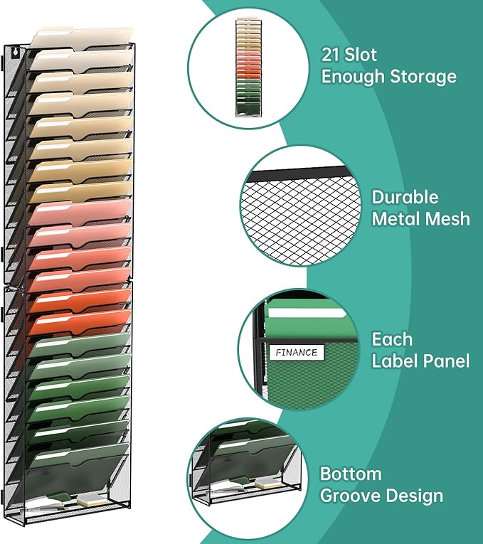 SUPEASY Wall File Organizer Mesh Office Mail Holder, Hanging Wall Organizer Magazine Rack for Office Black, 21 Tier