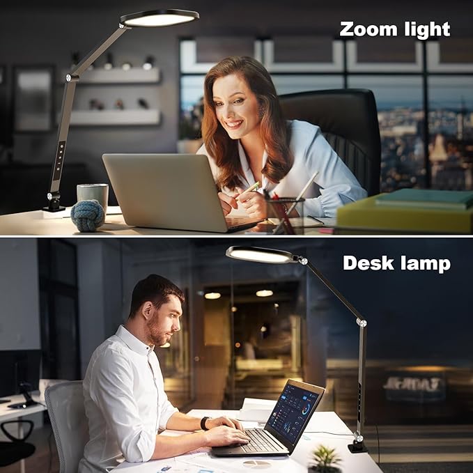 Desk Lamps for Home Office, 2000LM Eye-Caring Desk Light with Clamp, Dimmable Zoom Lighting with 3 Colors & 10 Brightness, Remote Computer Ring Light for Video Calls,Conference, Reading, CRI>95