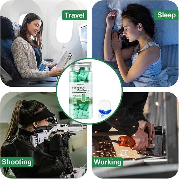 Aoutrow 60 Pairs Soft Foam Ear Plugs, 38dB SNR Slow Rebound Ear Plugs for Sleeping Noise Cancelling, Noise Reduction, Work, Swimming, Shooting, Studying, Green