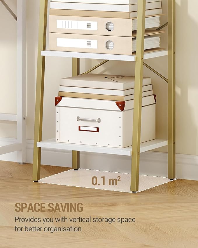 Hzuaneri Ladder Shelf, Bookshelf Bookcase, Freestanding Corner Storage Shelve with 2 Hooks for Home Office, Living Room, Kitchen, Bedroom, Industrial, 11.8" D x 17.3" W x 63" H, White Gold BC19213G