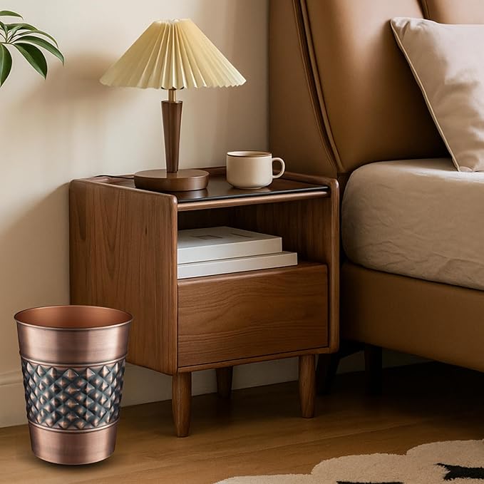 Monarch Abode Metal Bathroom Trash Can – Waste Basket for Bedroom, Office Desk, & Dorm, Handcrafted Geo Embossed, Durable Decorative Antique Copper Small Trash Can Bathroom Garbage Bin Wastebasket