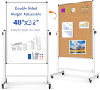 Double-Sided Whiteboard and Corkboard on Wheels, 48 x 32 Inch Magnetic Dry Erase Board with Adjustable Height Stand, Rolling Mobile Board for Office, Classroom, Presentation & Planning (Cork & White)