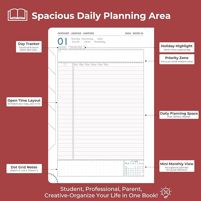 IN-luxpro Daily Planner 2026 with One Page Per Day,(A5-8.5" x 5.9"),12 Months Calendar Hourly Appointment Book Monthly Tabs & Self-adhesive Pen Holder,Inner Pocket, Vegan Leather Hardback,Red