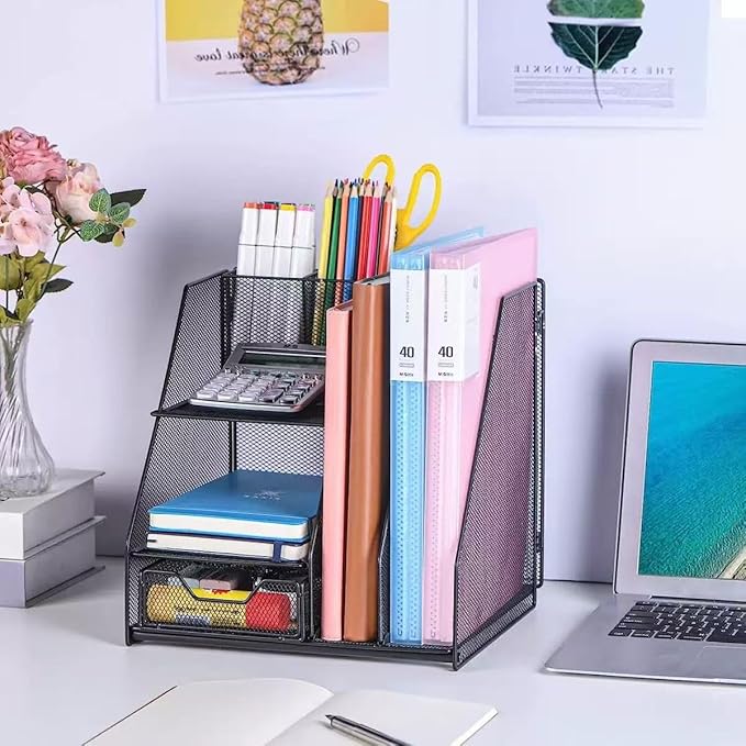 Black Mesh Desk Organizer Set, 3-in-1 Office Organizer with File Holder, Drawer & Accessories Tray, Multi-functional Desktop Storage for Stationery, Documents, Home & Office