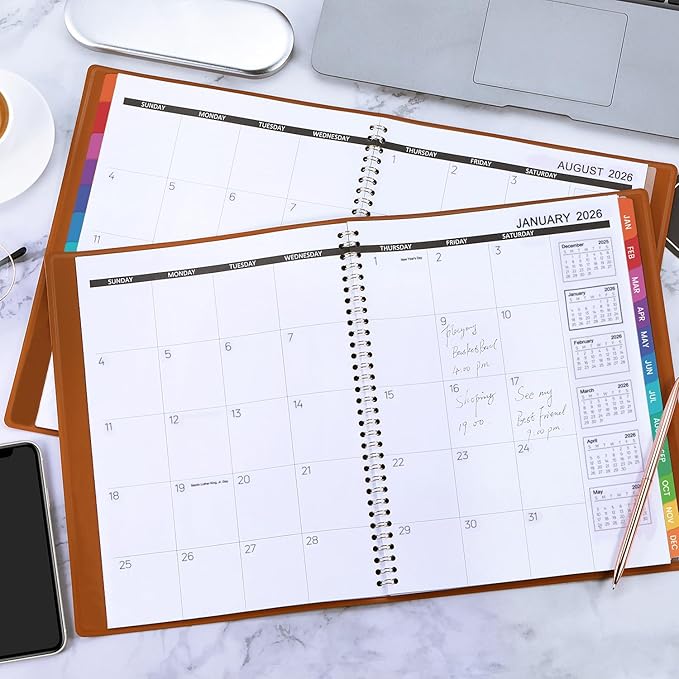 2026 Monthly Planner - 2026 Calendar/Planner 12 Months with Faux Leather, 8.86" x 11.4", Jan.2026 - Dec.2026, 15 Notes Pages, Strong Twin - Wire Binding, Pocket, Monthly Tabs, Perfect Organizer