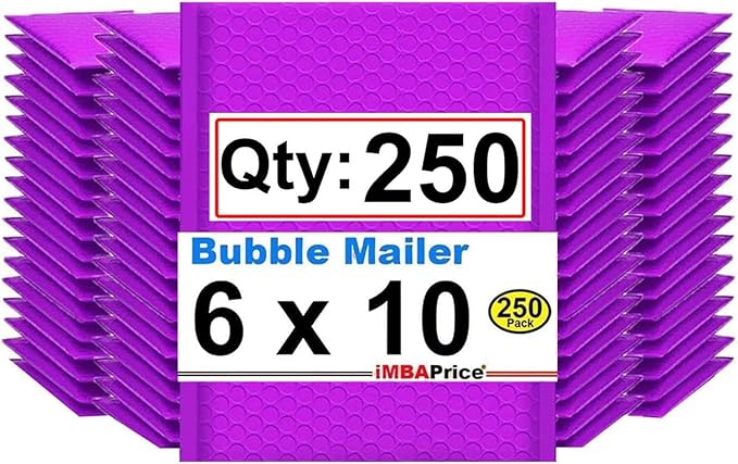 iMBAPrice 6x10 Inch Purple Poly Bubble Mailers #0, 250-Pack – Small Self-Seal Padded Shipping Envelopes, Waterproof Bubble Mailer Bags for Cosmetics, Jewelry & Accessories