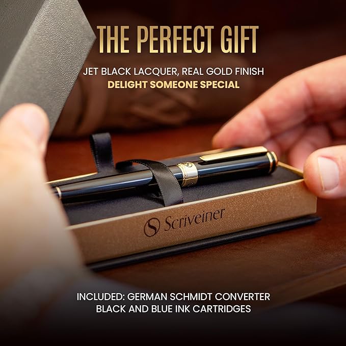 Scriveiner Luxury Fountain Pen - Stunning Black Lacquer Pen, Real Gold Finish, Schmidt Gilded Nib (Fine), Converter, Best Pen Gift Set for Men & Women, Professional, Executive, Office, Nice Pens