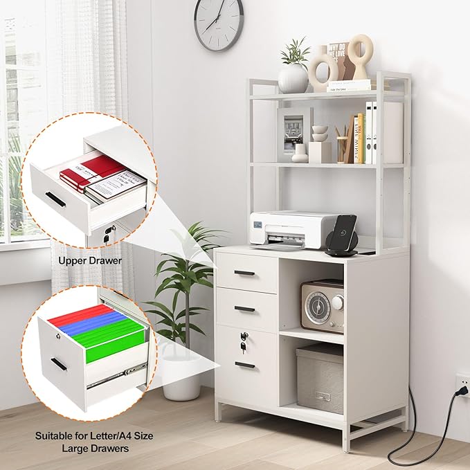 Livofloral Vertical File Cabinet with Charging Station, Filing Cabinets for Home Office, Large Printer Stand with Open Storage Shelves, 3 Drawer Filing Cabinet with Lock fits Letter/A4 Size, White