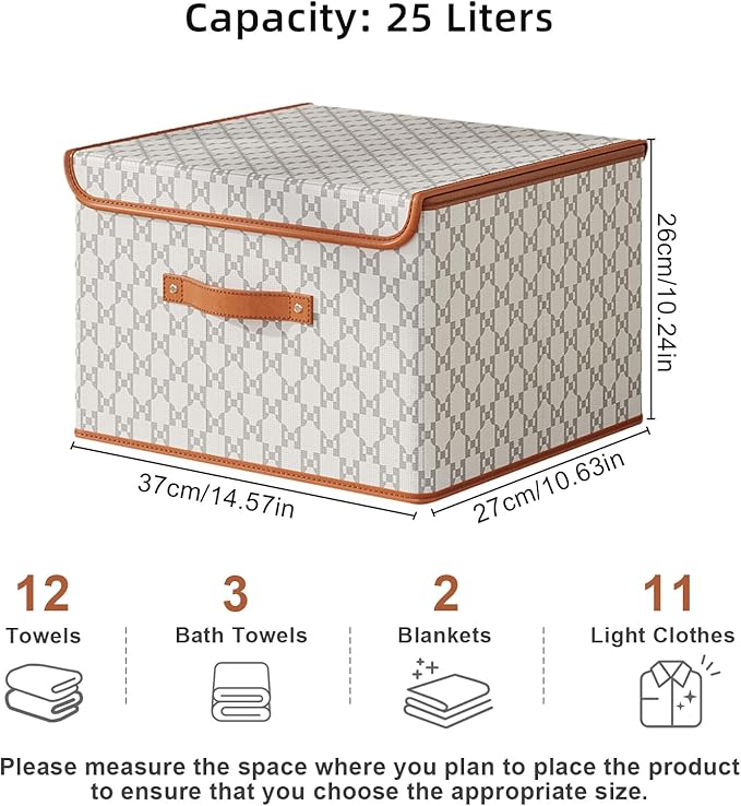 Tuza 2 Pack Fabric Storage Bins with Lids, Collapsible Closet Organizer Container, Decorative Storage Boxes with Lids for Organizing Clothes, Blanket, Grey & White, Medium