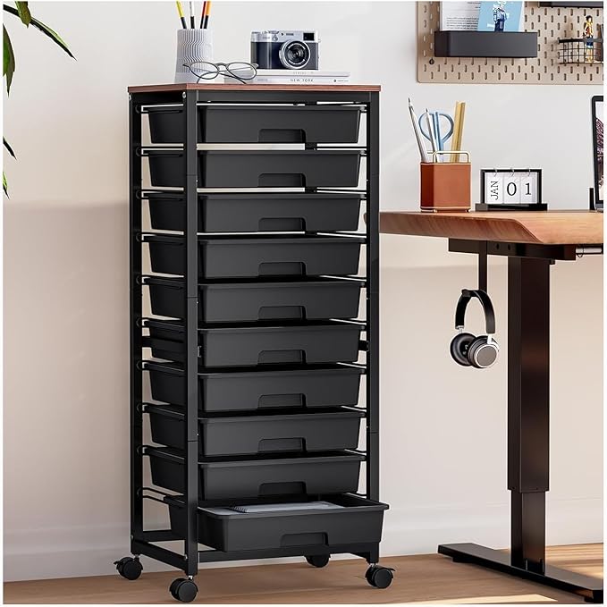 SYKIARIOL Rolling Cart with Drawers,10 Drawer Rolling Cart,Rolling storage cart with drawers,Black Rolling Drawer Cart,Teacher Rolling Cart for Classroom Storage,Craft Cart with Wooden Tabletop