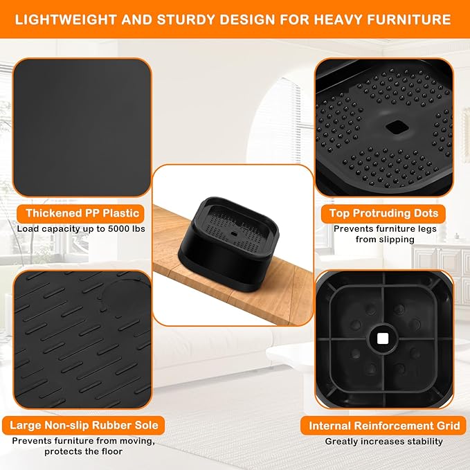 shouwuhho 18 Pack Furniture Risers Adjustable Bed Risers Heavy Duty Lifts Height 1", Square Stackable Bed Risers 1, 2 or 3 Inch for Desk Leg Table Couch Sofa Chair Bed Frame Legs Dorm, Black