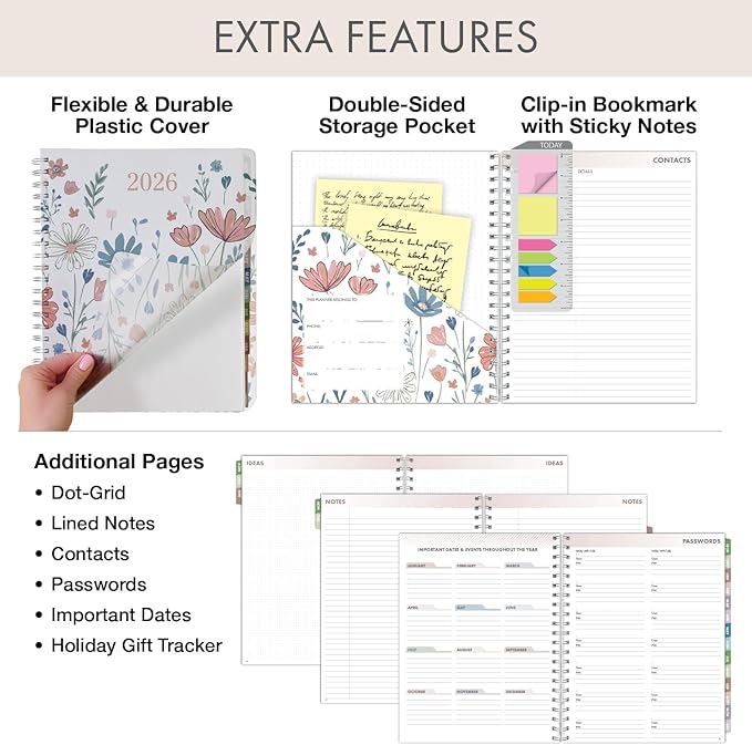 Essential PRO 2026 Daily, Weekly & Monthly Planner, 8.5"x11": 14 Months (Nov 2025 - Dec 2026) Monthly Tabs,Daily Tracking,Notes Pages,Storage Pocket,Bookmark w Sticky Notes (Colorful Botanicals)
