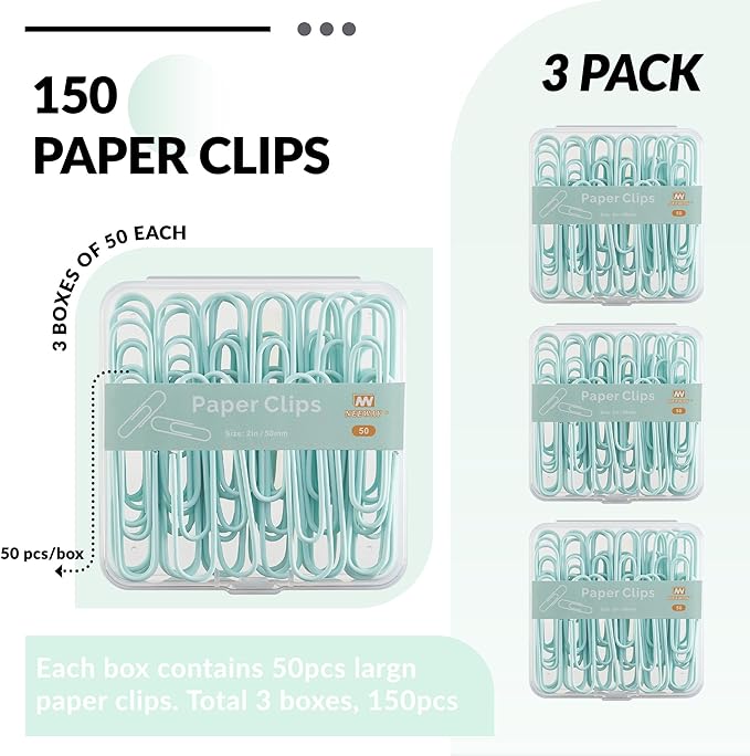 NEEWAY Colorful Large Paper Clips, 2 Inch Jumbo Paper Clips, 150 Count, 3 Pack of 50 (Light Green)
